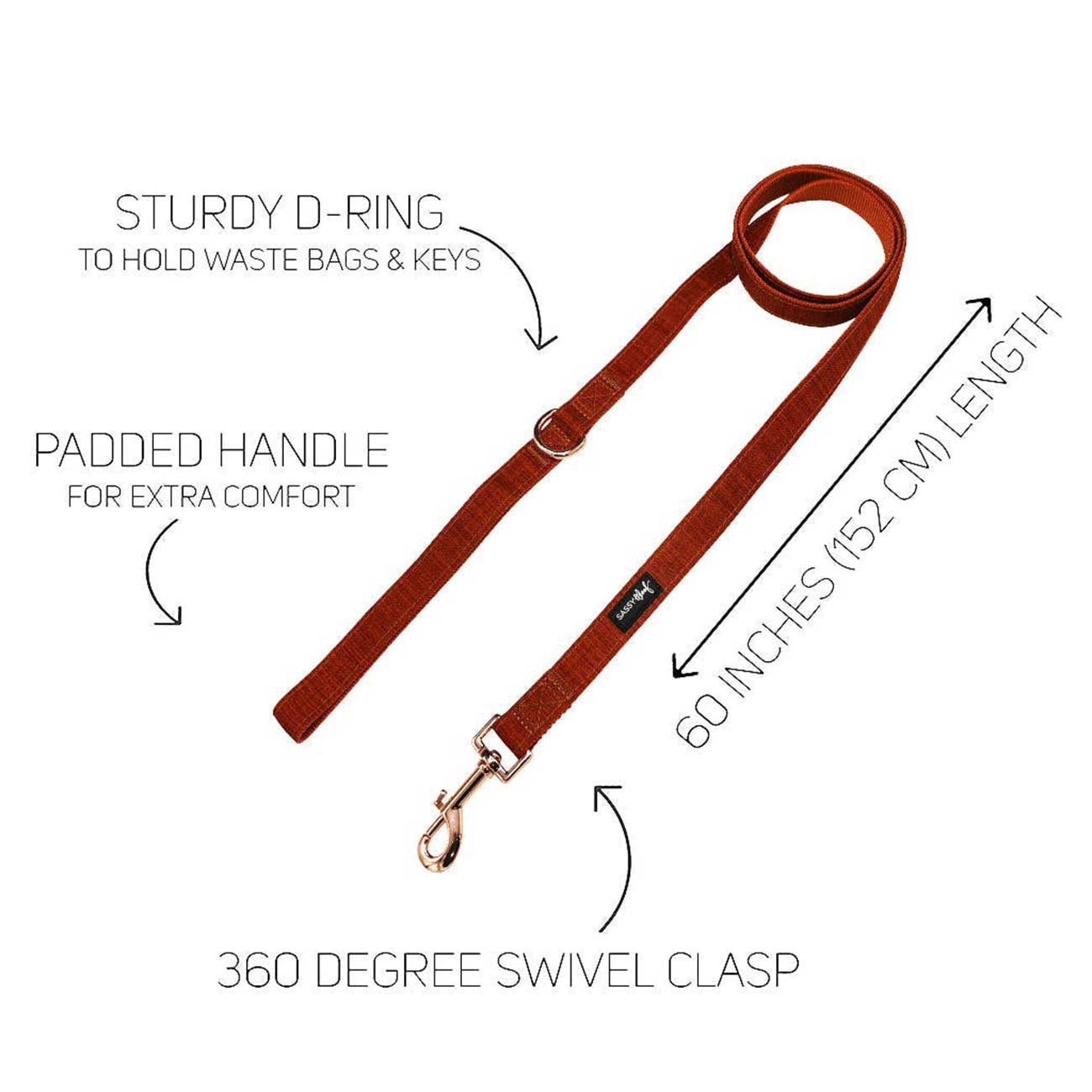 Orange dog leash with features labeled on a white background