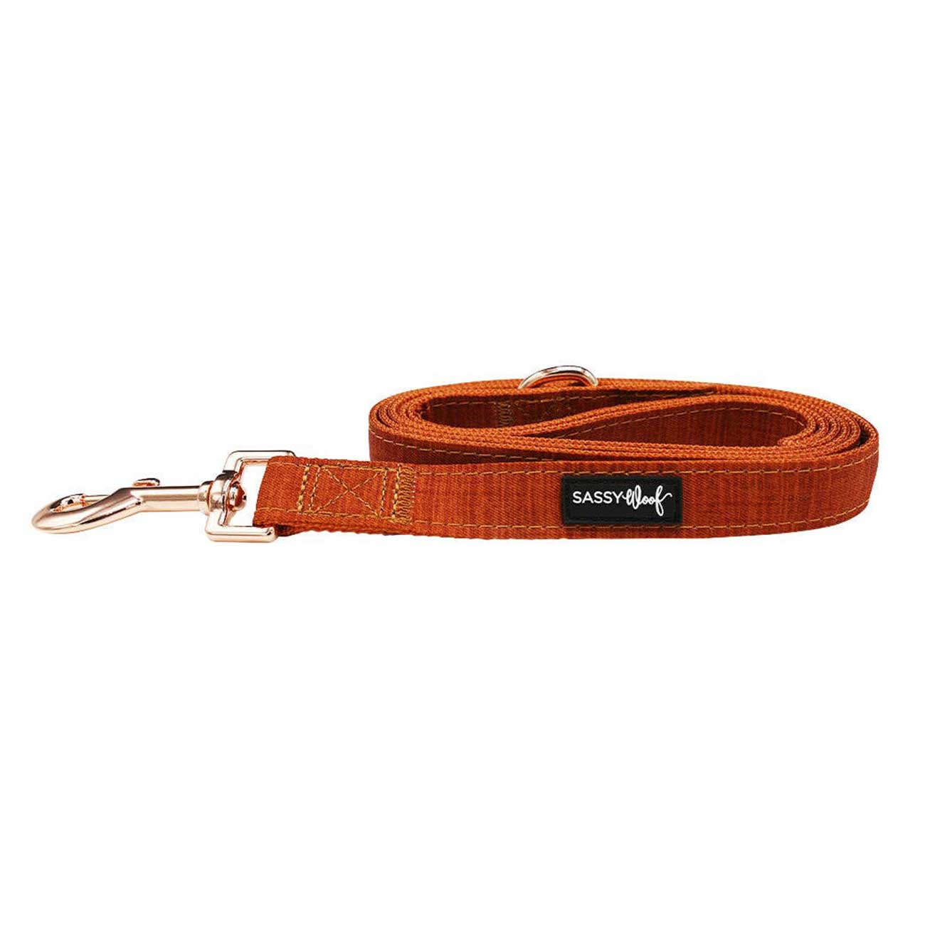 Orange dog leash with a gold clip on a white background, featuring the brand 'Sassy Woof'.