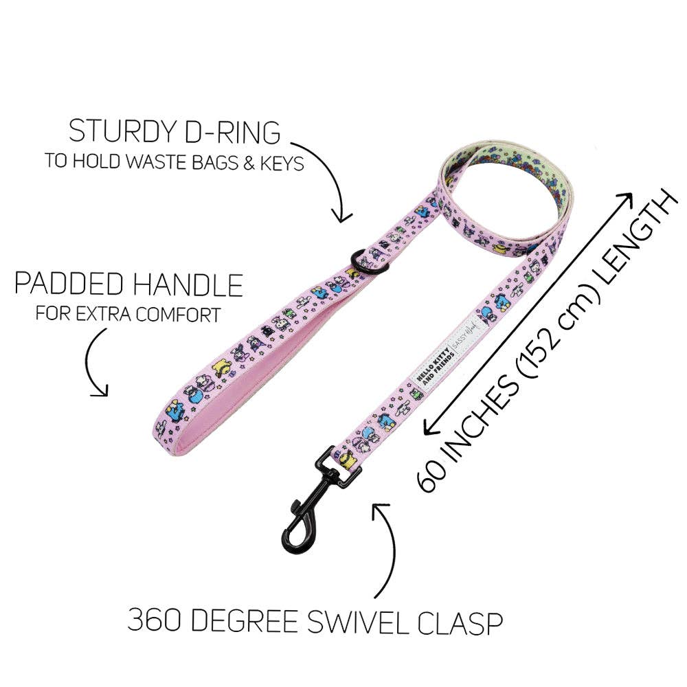 Dog leash with features labeled on a white background