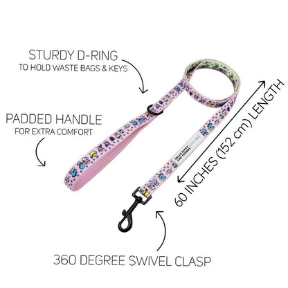Dog leash with features labeled on a white background