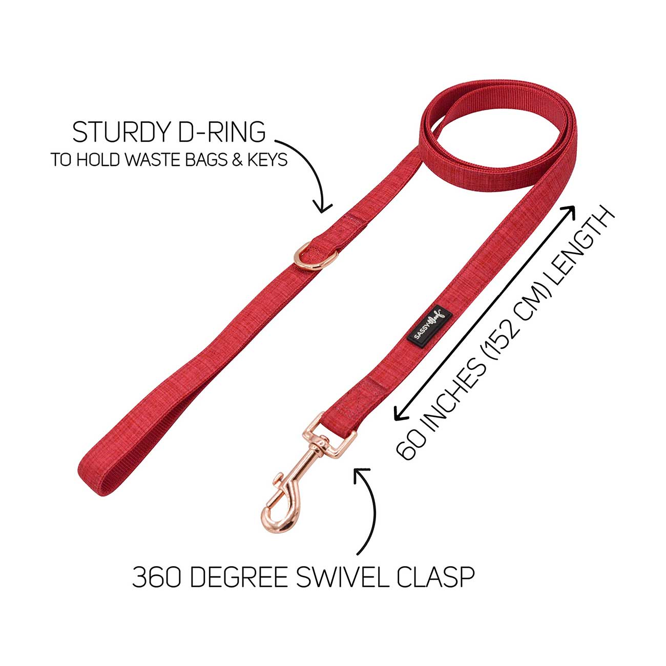 Red dog leash with features labeled on a white background
