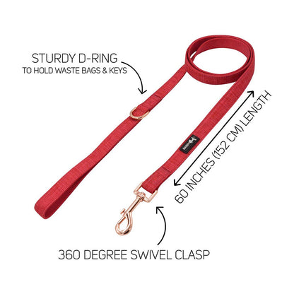Red dog leash with features labeled on a white background
