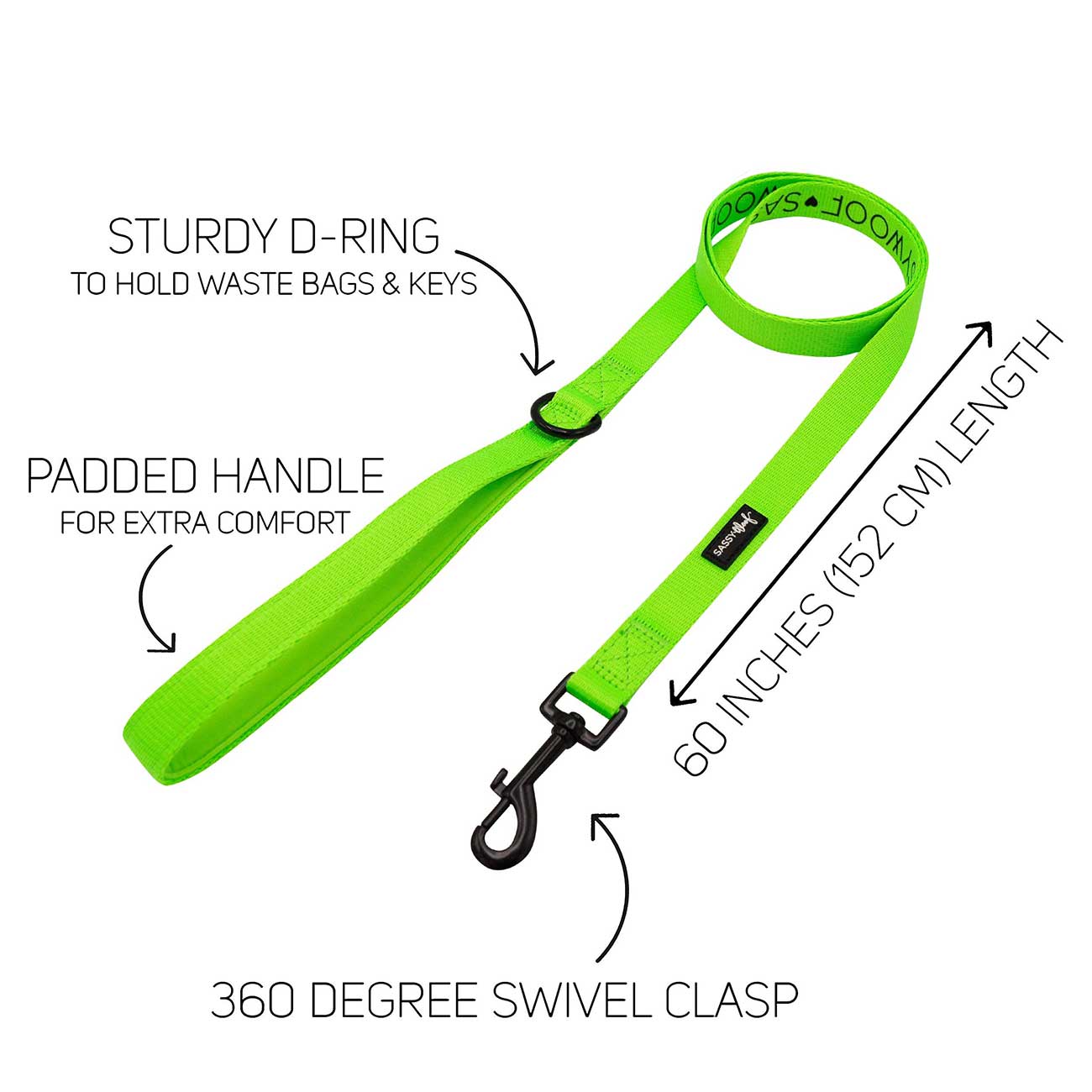 Green dog leash with features labeled on a white background