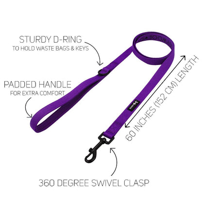 Purple dog leash with features labeled on a white background