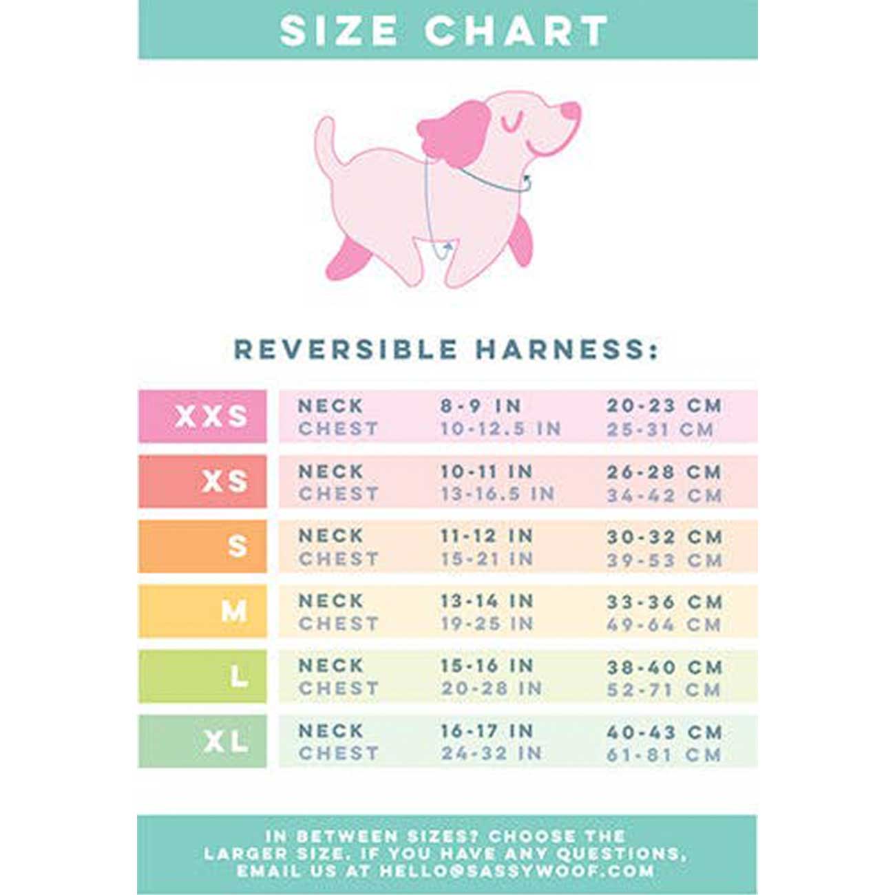 Size chart for a reversible dog harness with pastel color coding and measurements.