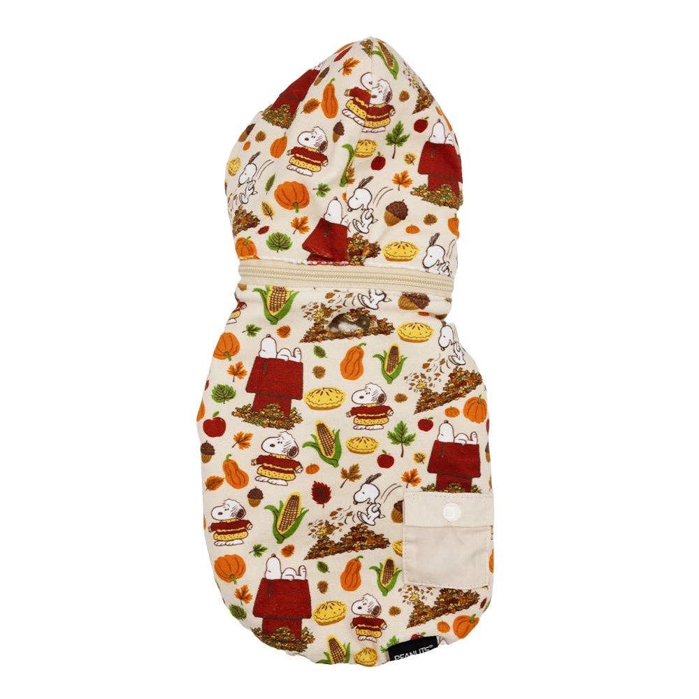 Baby bunting with autumn-themed design on a white background