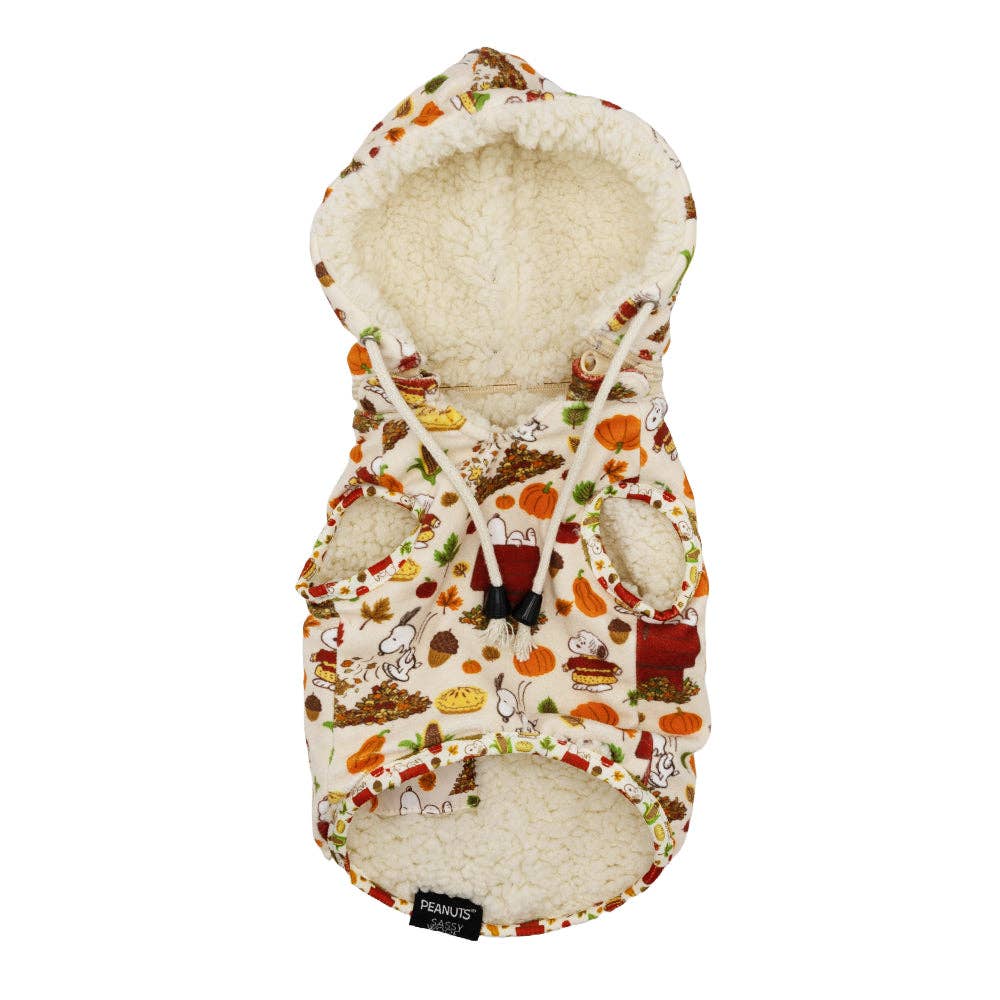 Hooded dog coat with autumn-themed pattern on a white background