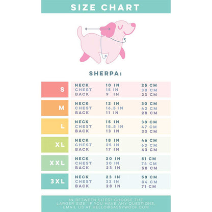 Size chart for a product labeled 'Sherpa' with a pink dog illustration at the top.