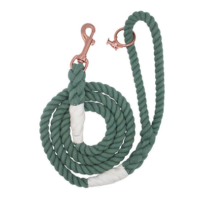 Green rope dog leash with rose gold clasp on a white background