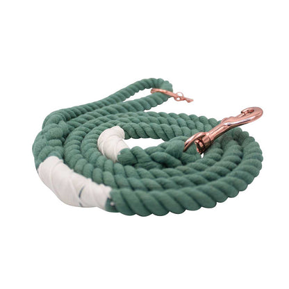 Green and white braided dog leash with rose gold clasp on a white background