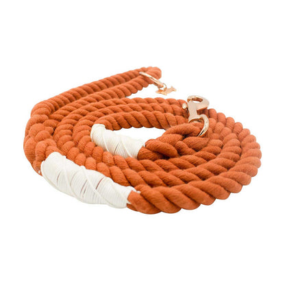 Orange and white rope leash on a white background