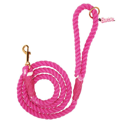 Pink dog leash with gold clip on a white background