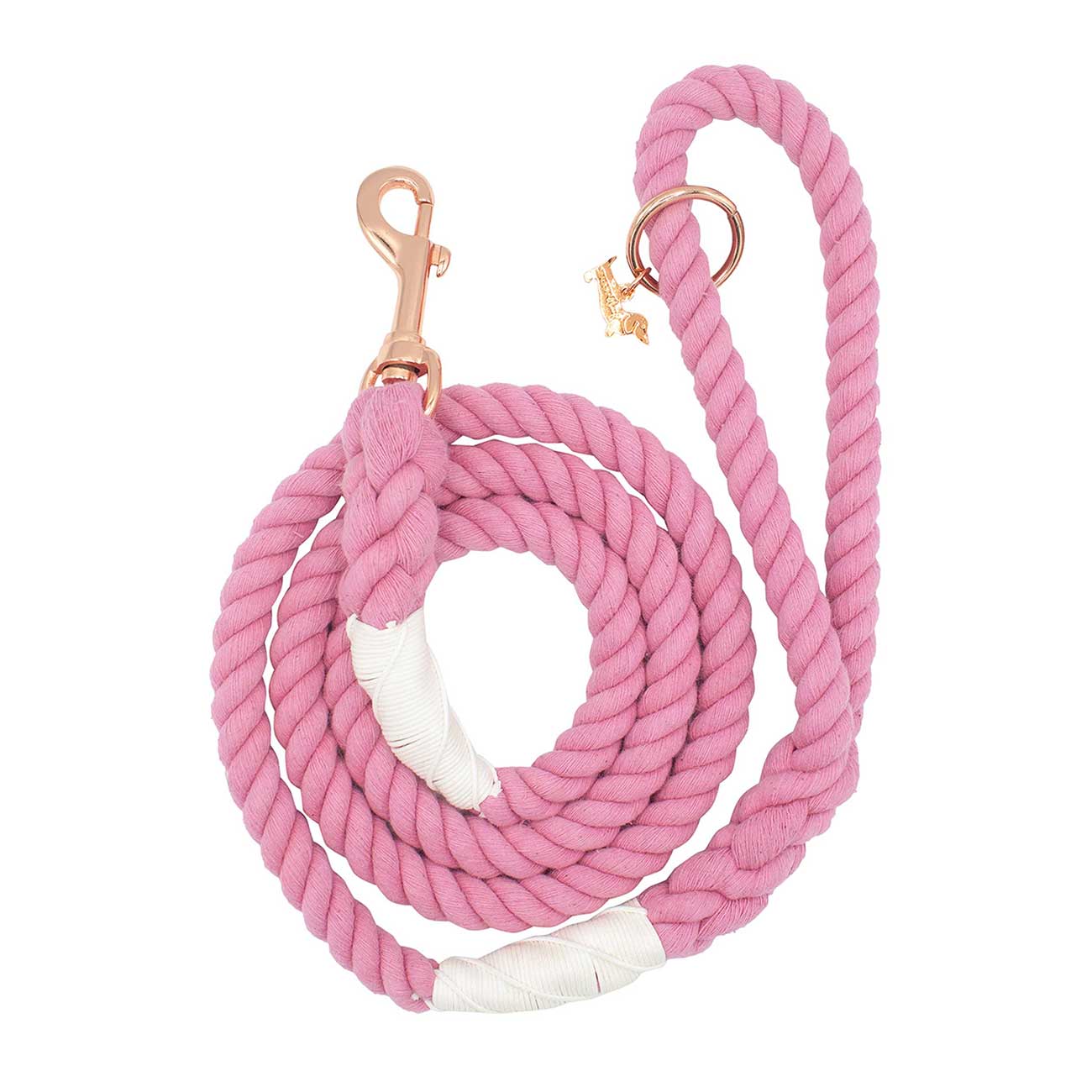 Pink dog leash with gold clasp and white accents on a white background