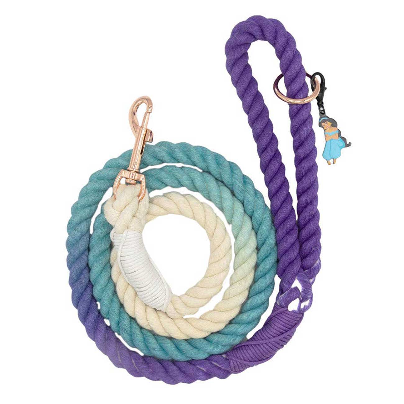 Set of colorful rope leashes with metal clips on a white background
