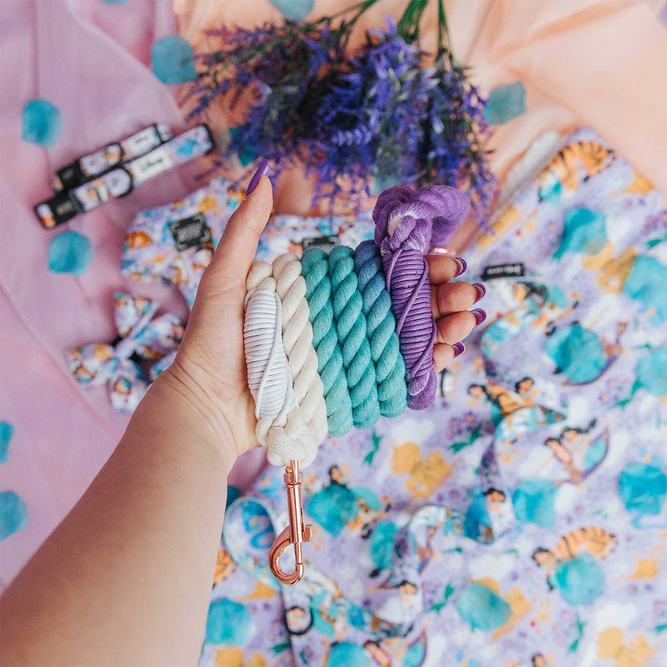 Hand holding a braided rope dog leash with a colorful background