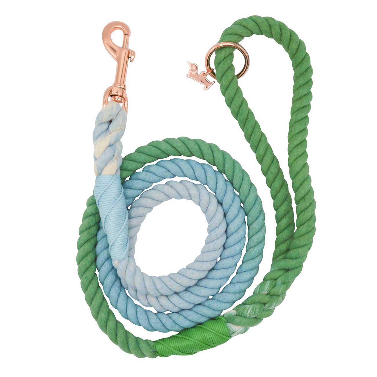 Rope dog leash with gradient blue and green colors and rose gold clasp on a white background