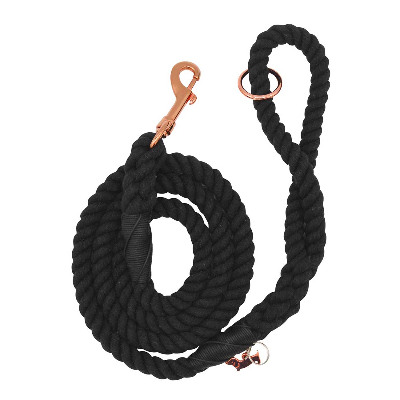 Black rope dog leash with brass clasp on a white background