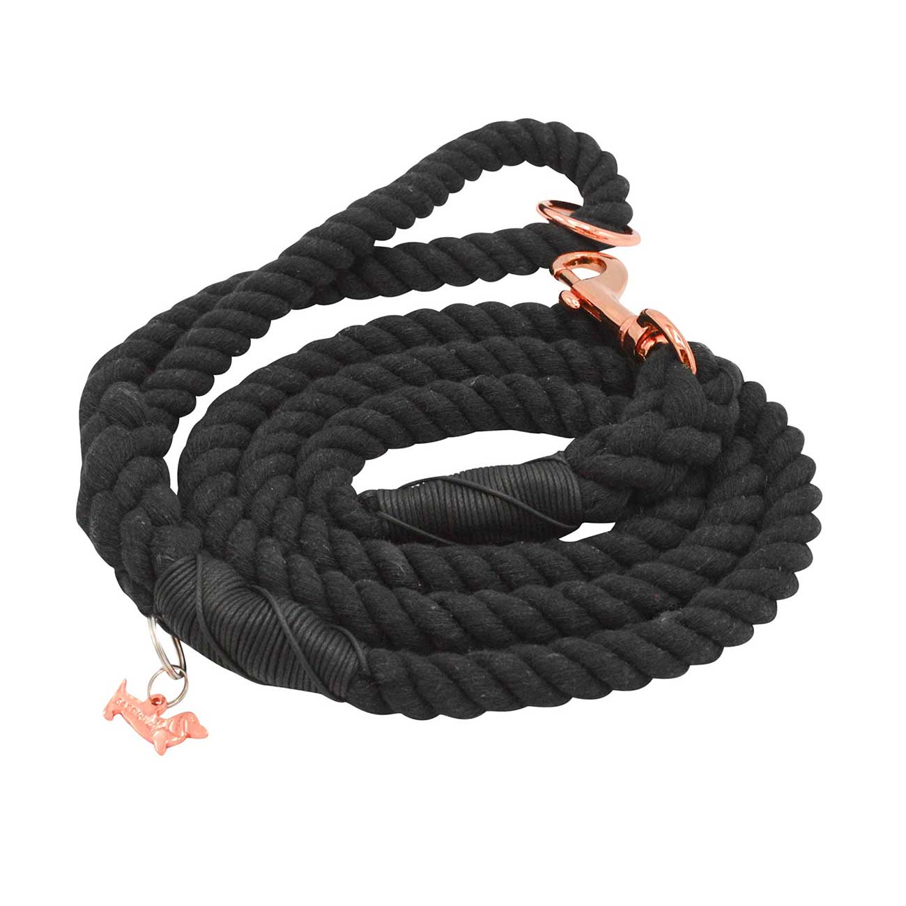 Black rope dog leash with rose gold clips on a white background