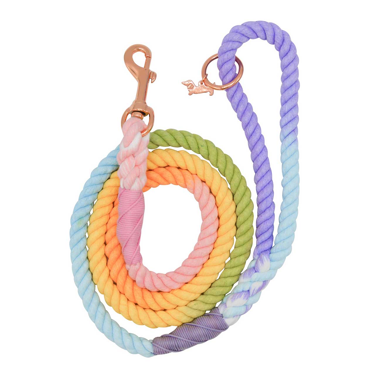 Colorful rope dog leash with pink and gold clip on a white background