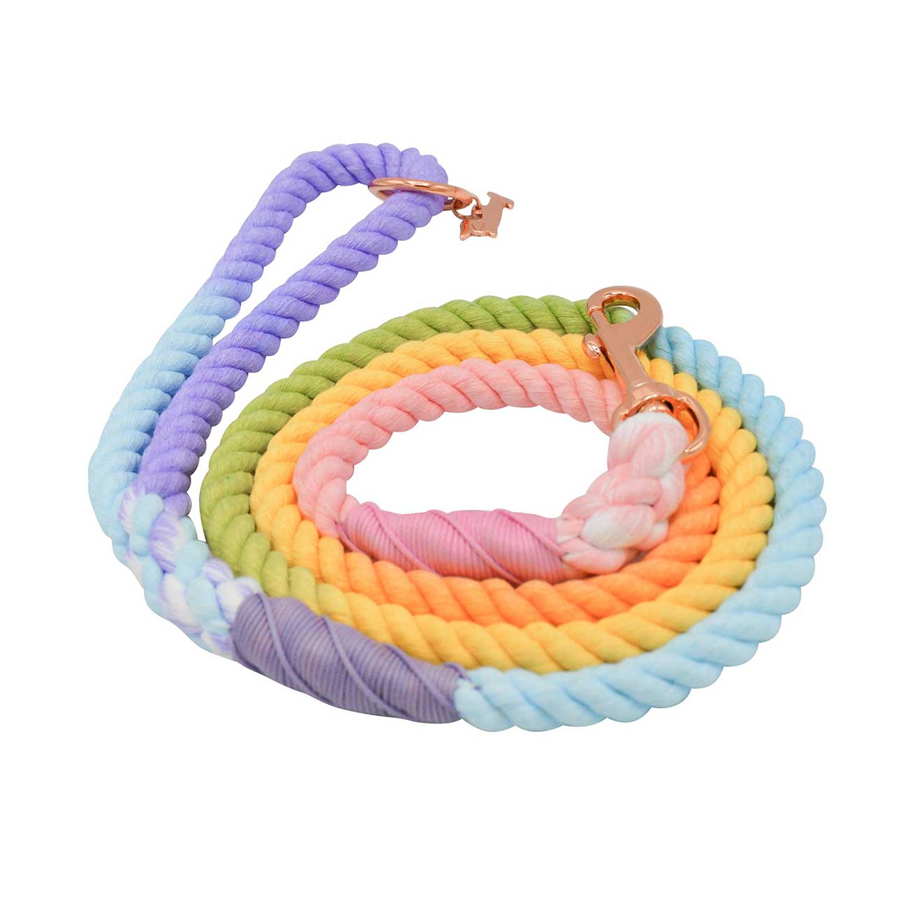 Colorful dog leash with rainbow pattern on a white background