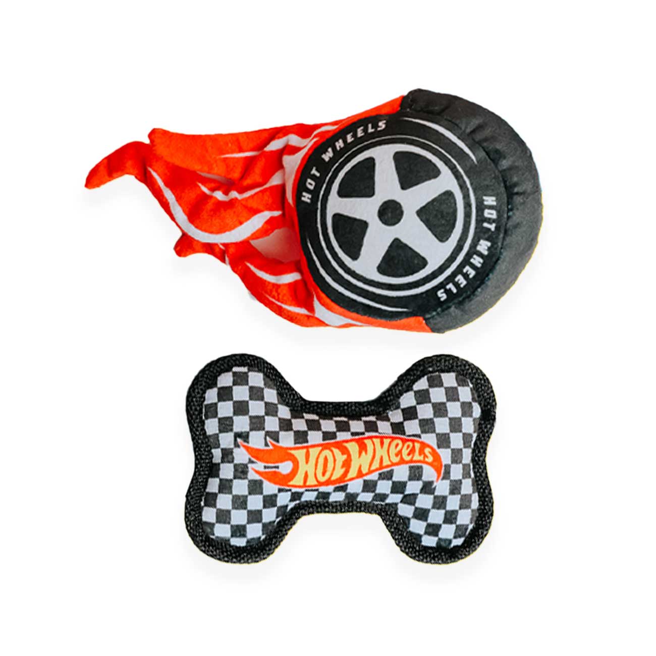 Hot Wheels dog toy with tire and bone shape on a white background