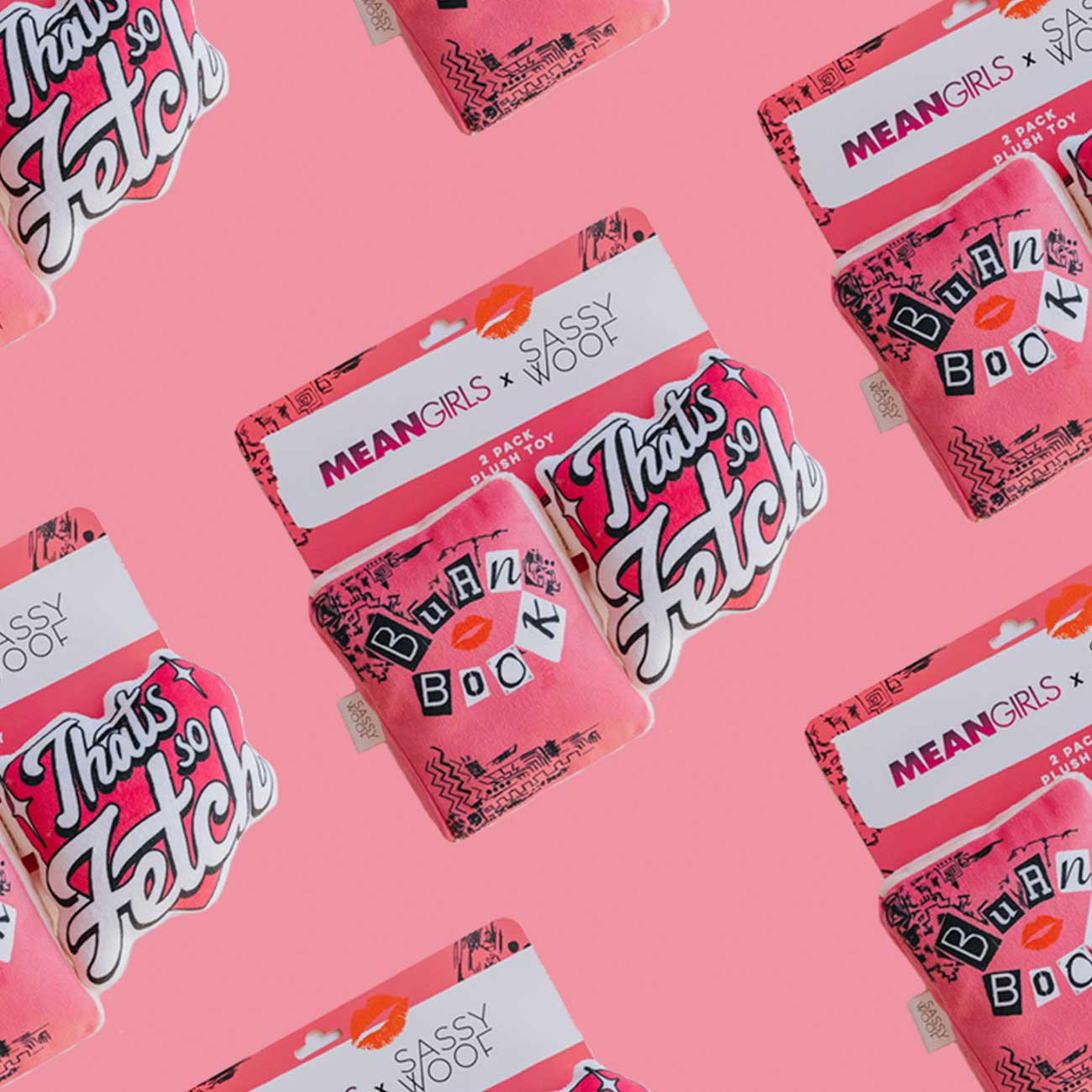 Pattern of 'Mean Girls' themed products on a pink background