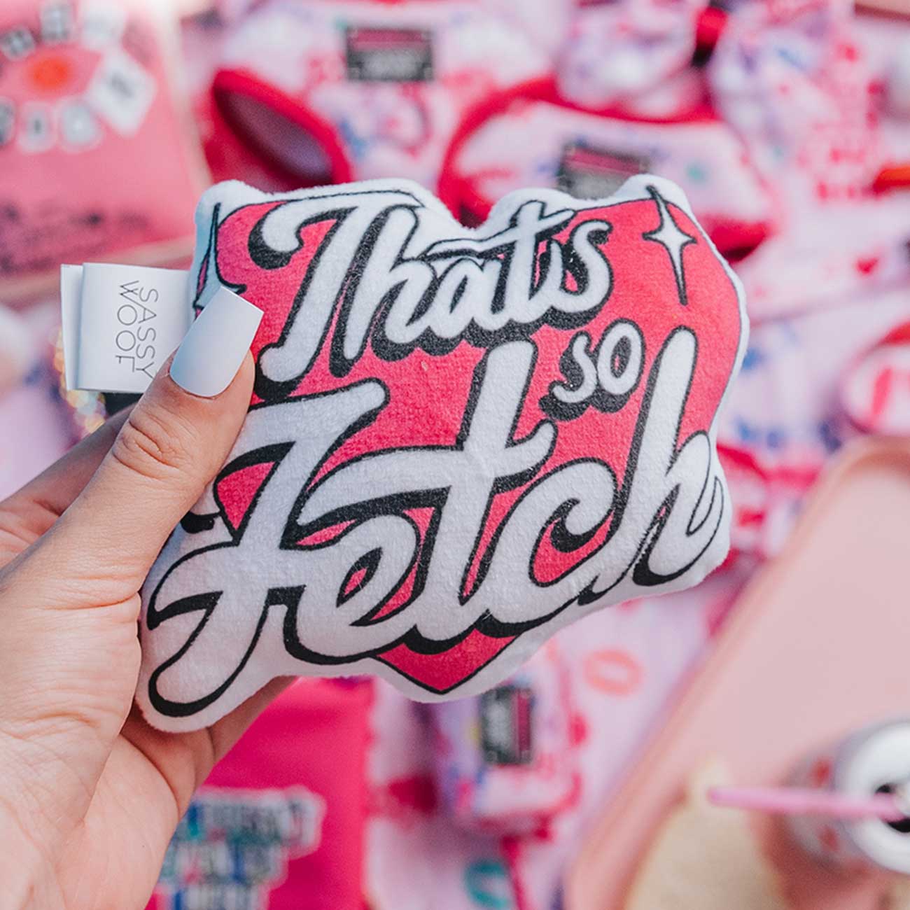 Pink pillow with 'That's so Fetch' text held by a hand, with blurred pink and white background
