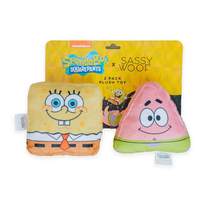 Two plush toys, one resembling a yellow character and the other a pink triangle character, with their packaging featuring 'SpongeBob SquarePants' branding.