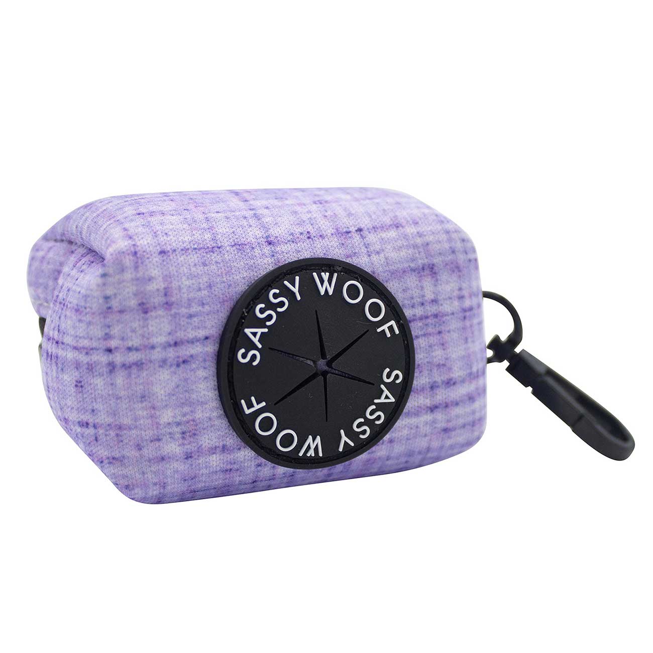 Purple textured dog waste bag holder with 'Sassy Woof' branding on a white background
