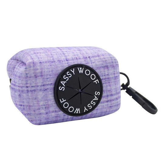 Purple textured dog waste bag holder with 'Sassy Woof' branding on a white background