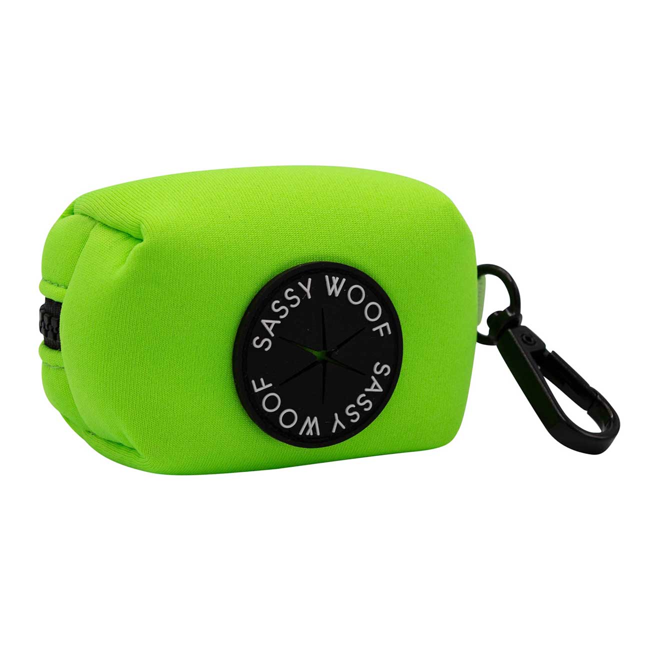 Green dog waste bag holder with 'Sassy Woof' branding on a white background