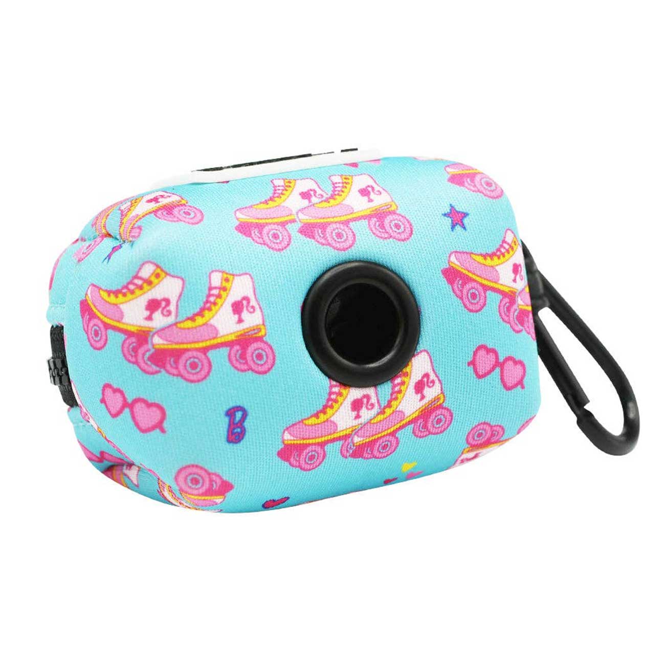 Dog waste bag holder with roller skate design on a white background