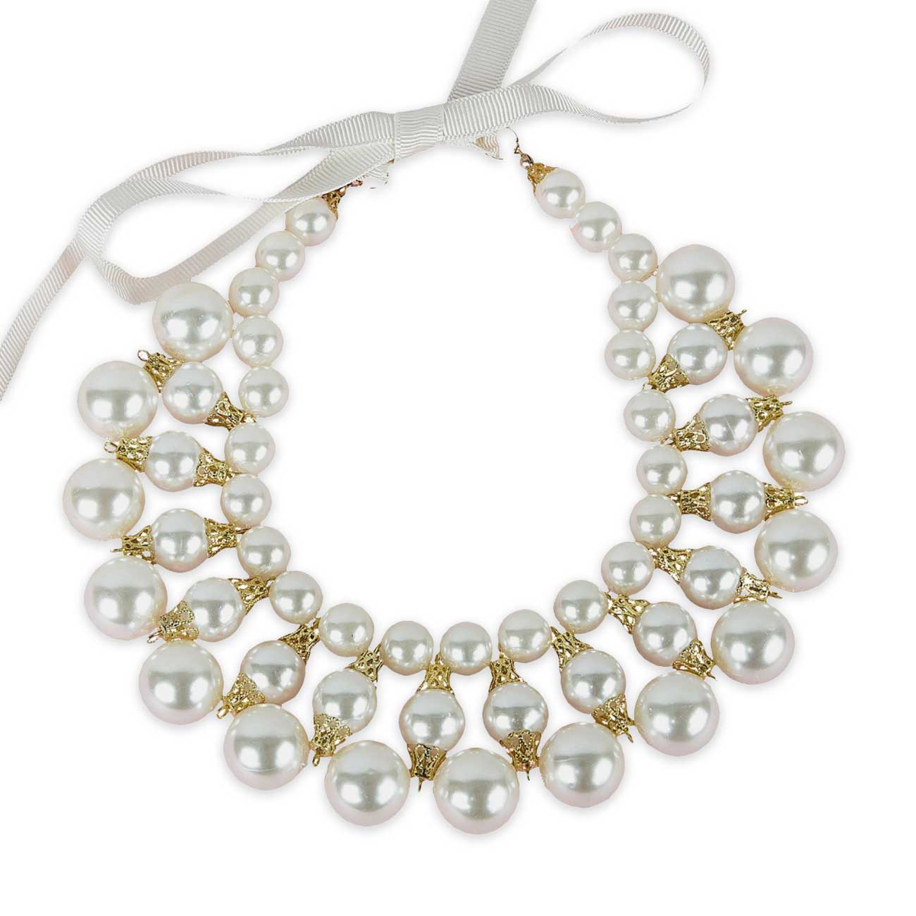 Dog pearl necklace with gold accents and a white ribbon on a white background