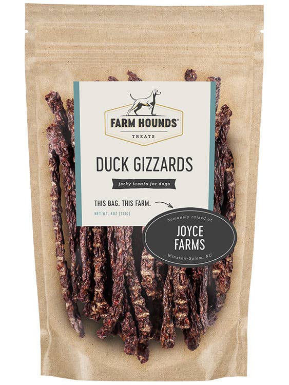 Package of Farm Hounds Duck Gizzards for dogs with visible branding on a white background