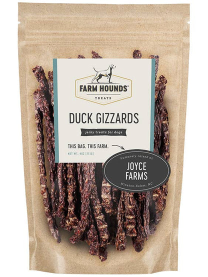 Package of Farm Hounds Duck Gizzards for dogs with visible branding on a white background