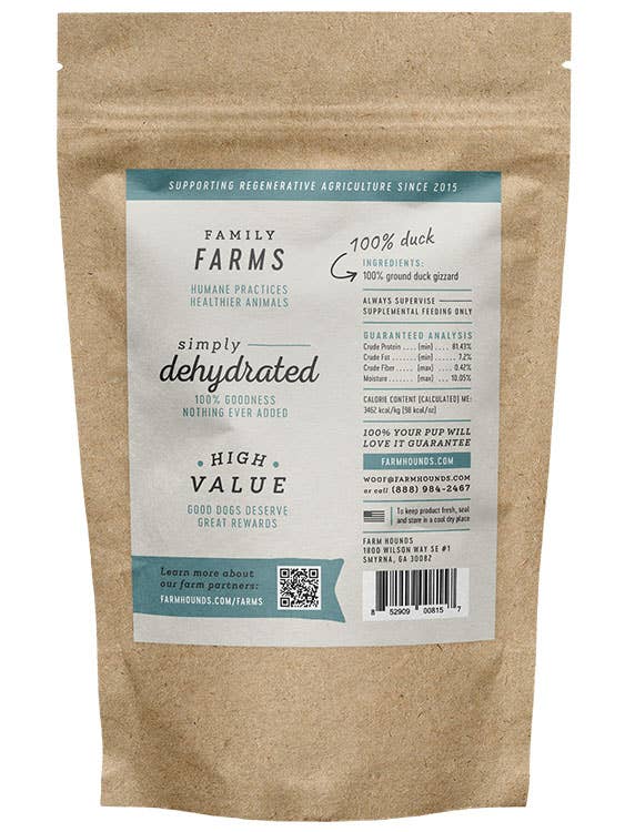 Kraft paper bag with a label for 'Family Farms' dehydrated dog food on a white background