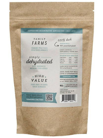 Kraft paper bag with a label for 'Family Farms' dehydrated dog food on a white background