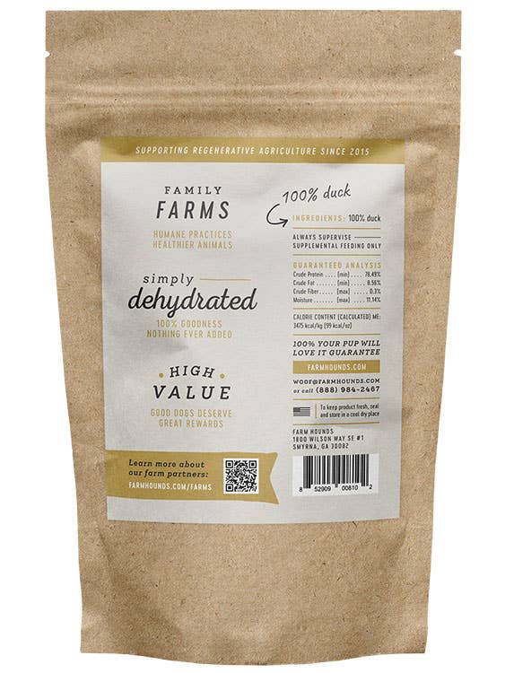 Kraft paper bag with a label for 'Family Farms' dehydrated food product on a white background