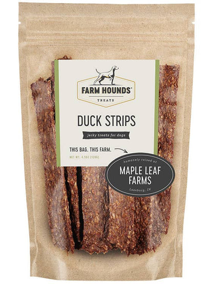 Package of Farm Hounds Duck Strips dog treats with Maple Leaf Farms branding.