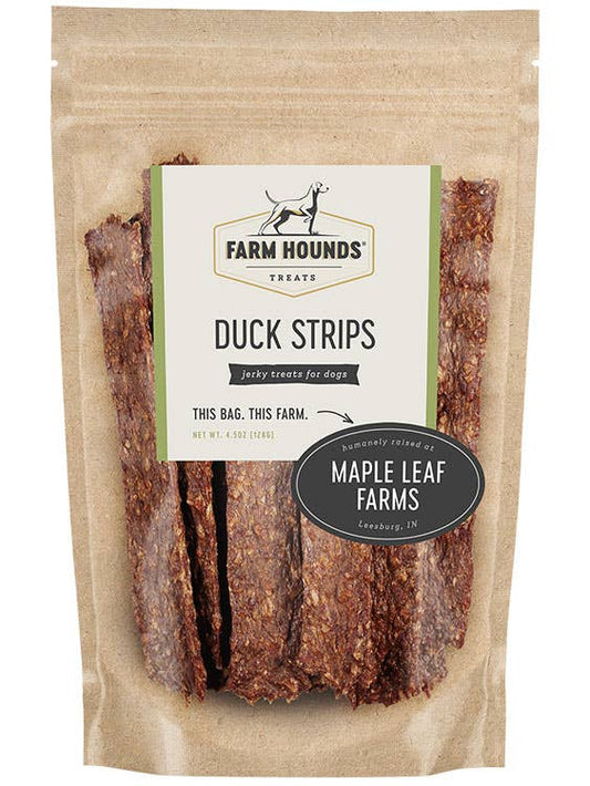 Package of Farm Hounds Duck Strips dog treats with Maple Leaf Farms branding.