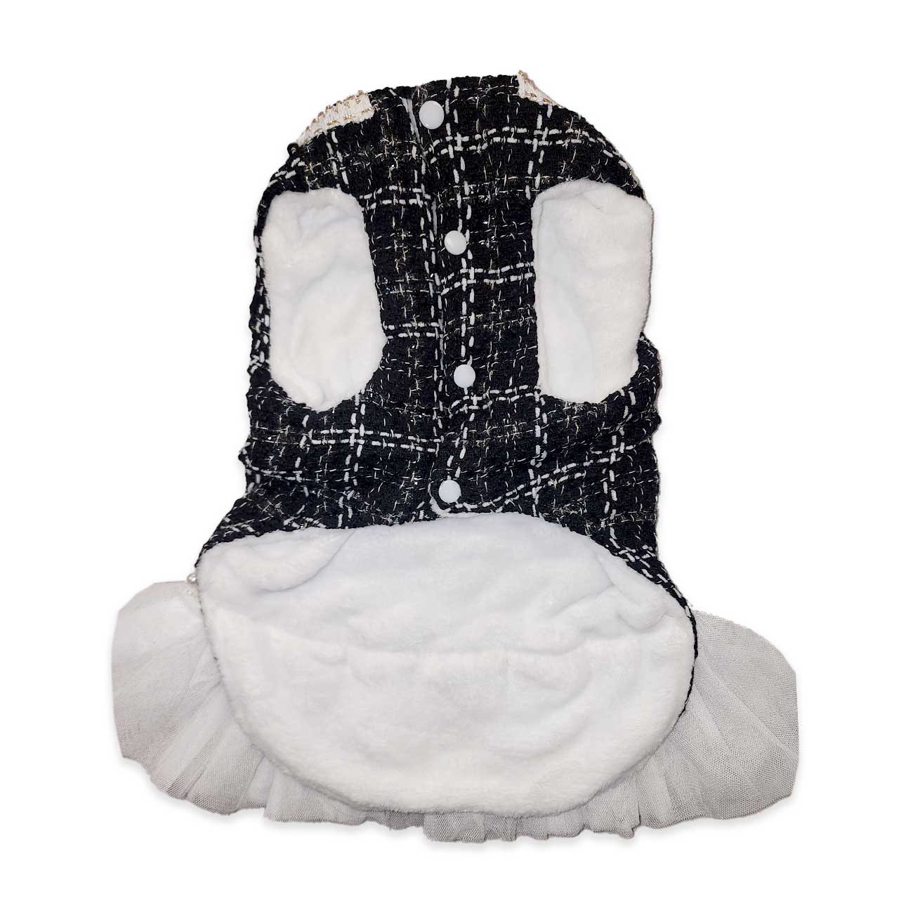 Dog coat with plaid pattern and white fur on a white background