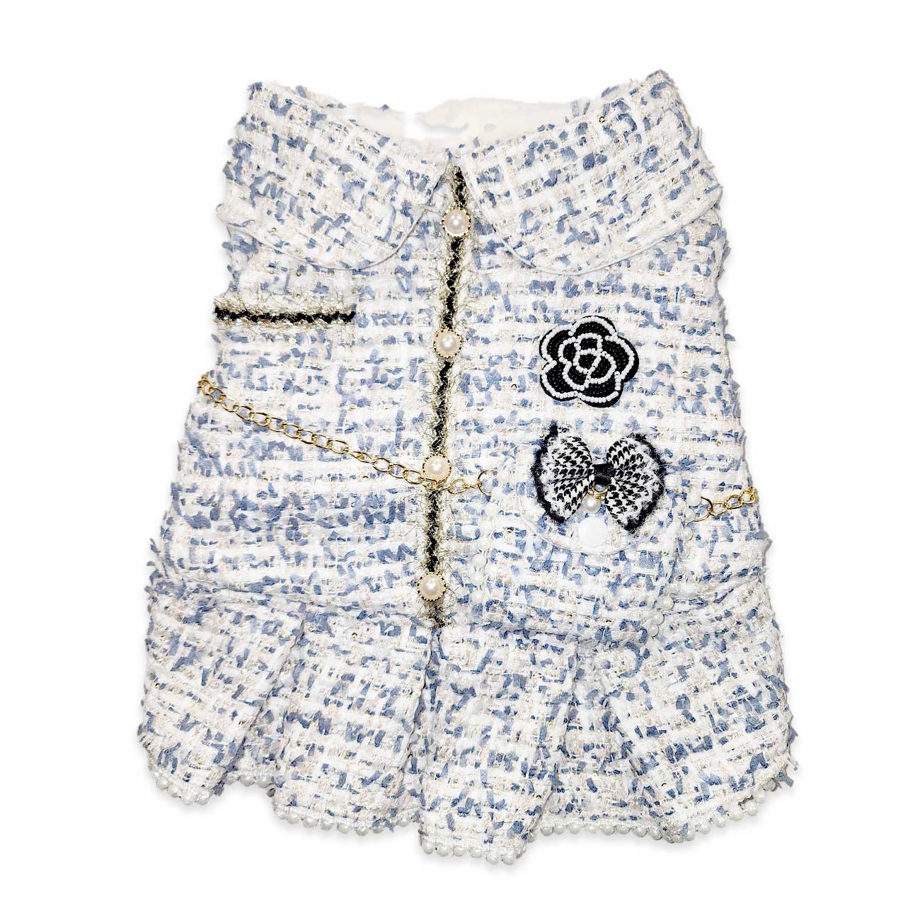 Floral patterned dog dress with decorative elements on a white background