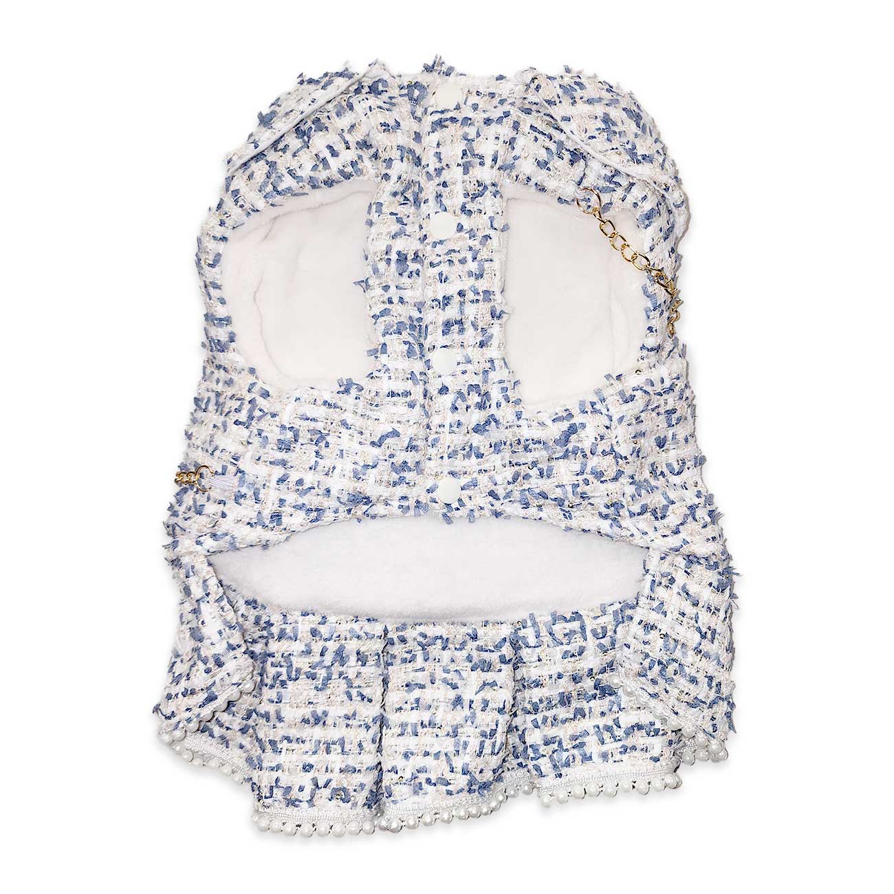 Blue and white floral strapless dress with matching shorts on a white background