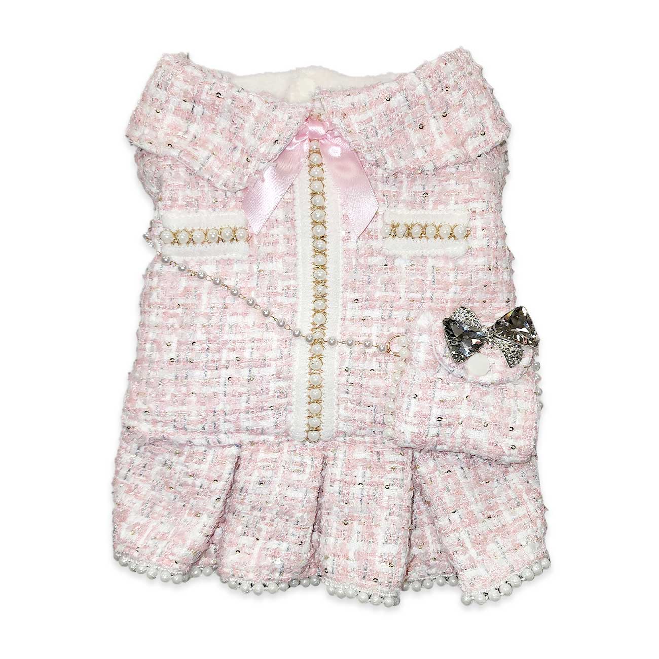 Pink textured dress with decorative elements on a white background