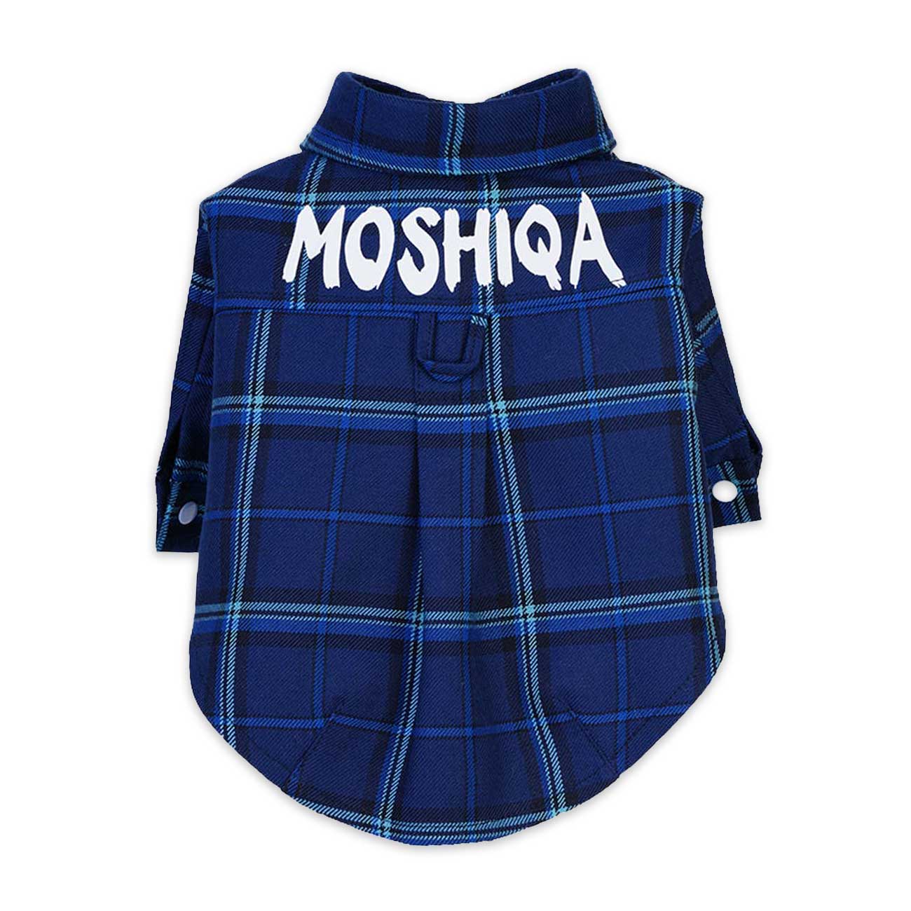 Blue plaid dog shirt with 'MOSHIQA' text on a white background