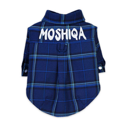 Blue plaid dog shirt with 'MOSHIQA' text on a white background