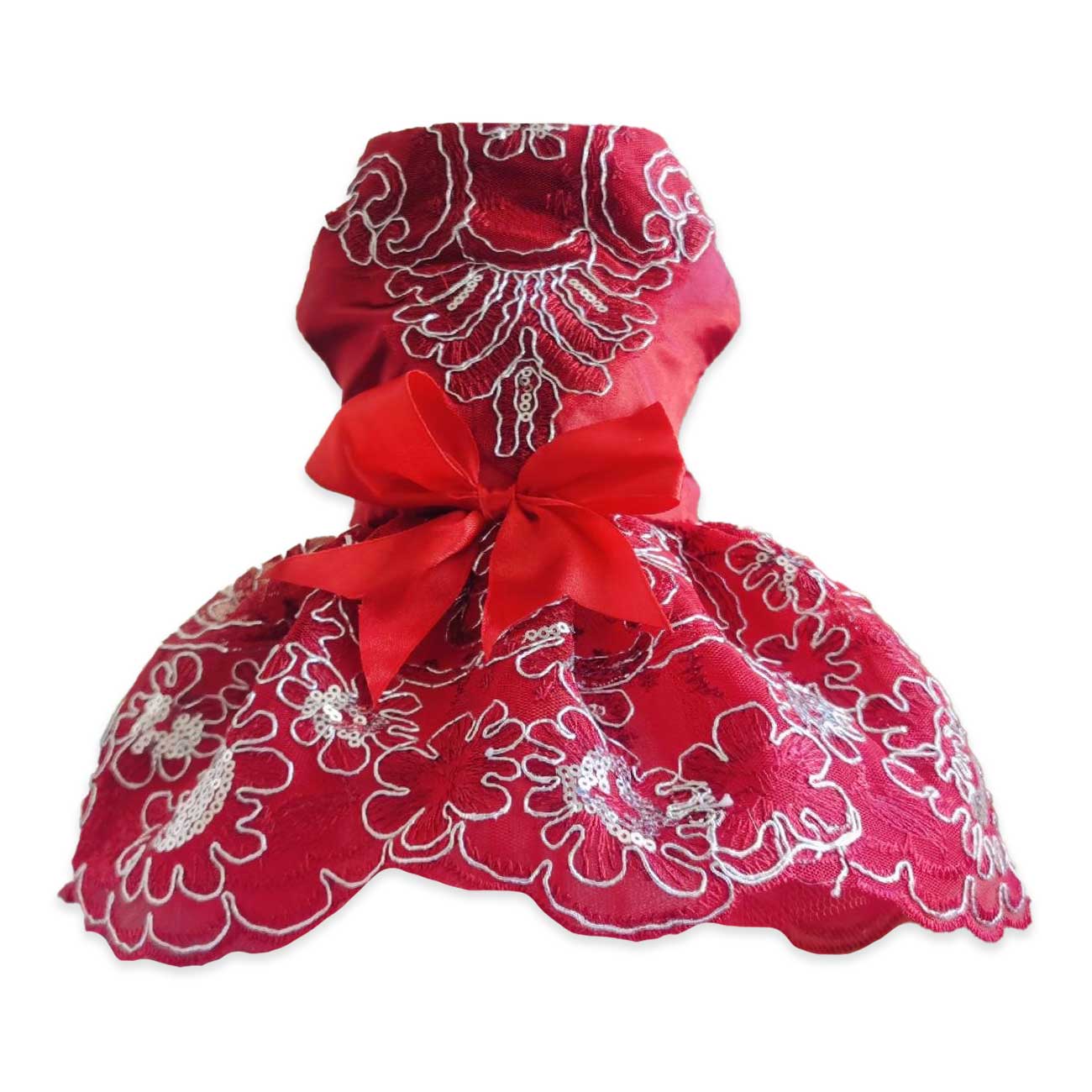 Red lace dog dress with a large bow on a white background