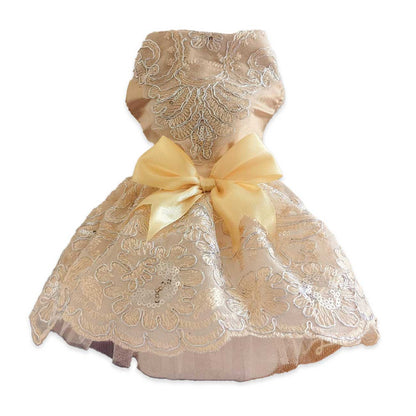 Beige lace dog dress with a large bow on a white background