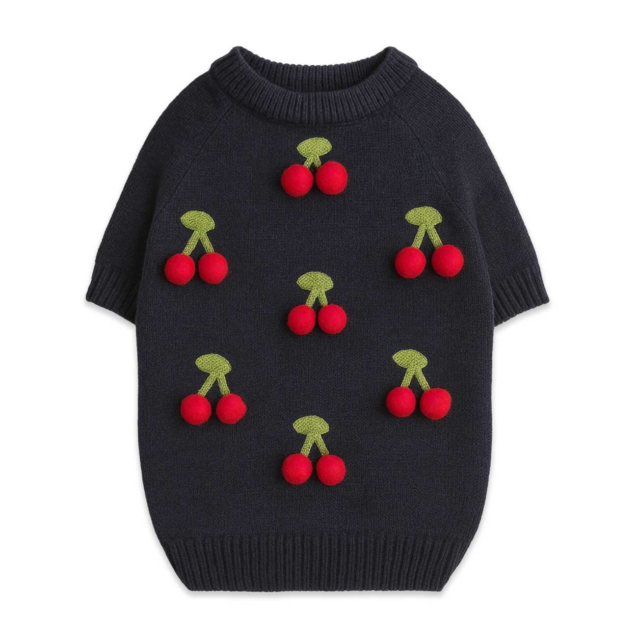 Black dog sweater with red cherry designs on a white background