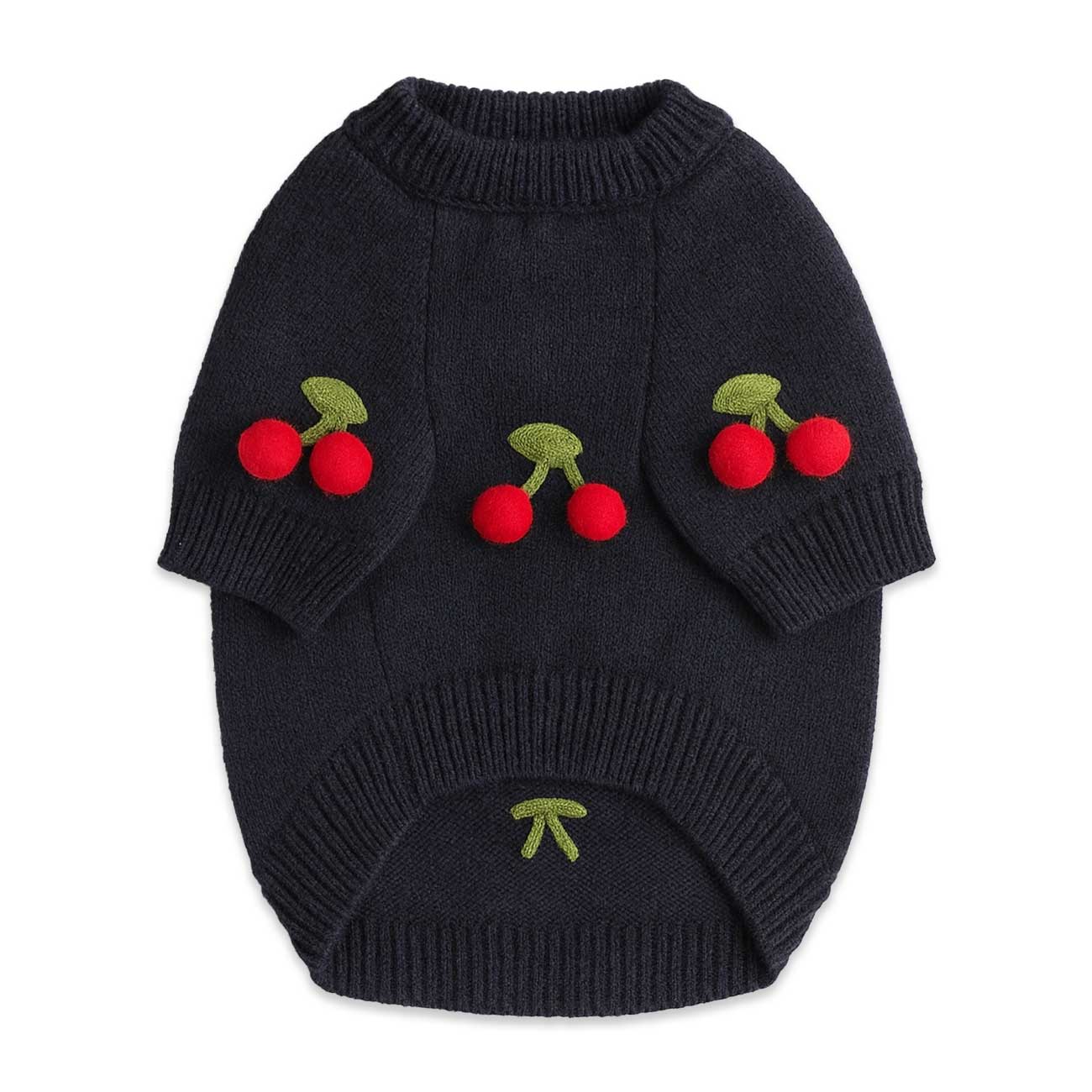 Navy blue knitted dog sweater with cherry designs on a white background
